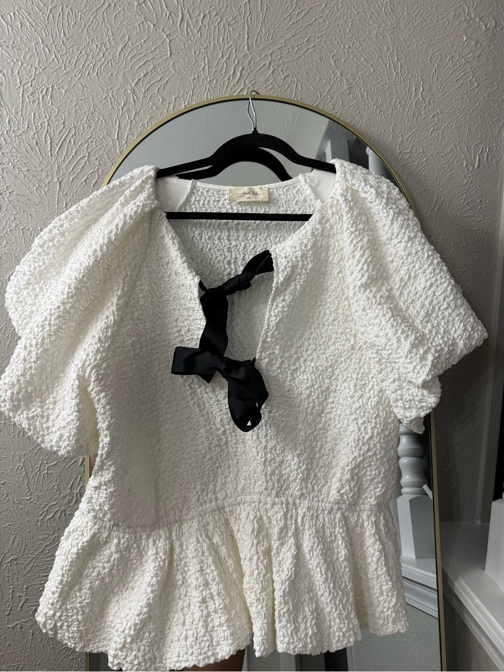 White Textured Peplum Kids Dress with Black Ribbon